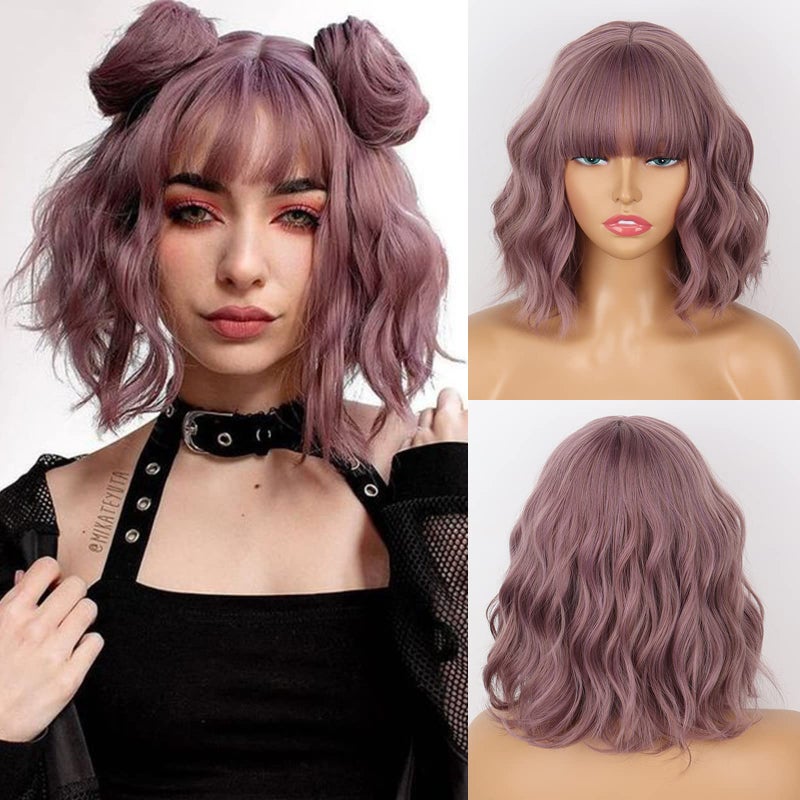 MISSQUEEN Short Wavy Wigs for Women,Synthetic Cute Purple Wavy Wigs with Bangs,14inch Natural Curly Synthetic Women Bob Wig(Purple) - Image 1